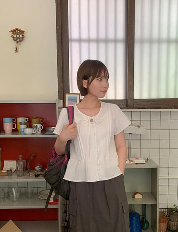 Domuri Ribbon Seersucker Short Sleeve Blouse